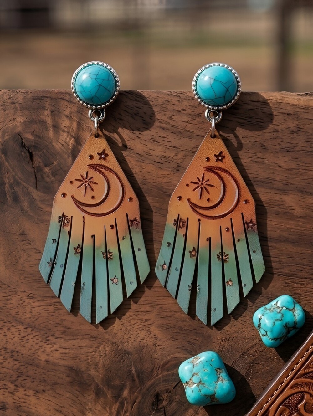 Genuine Leather Crescent Moon Star Fringe Dangle Earrings Western Boho Turquoise